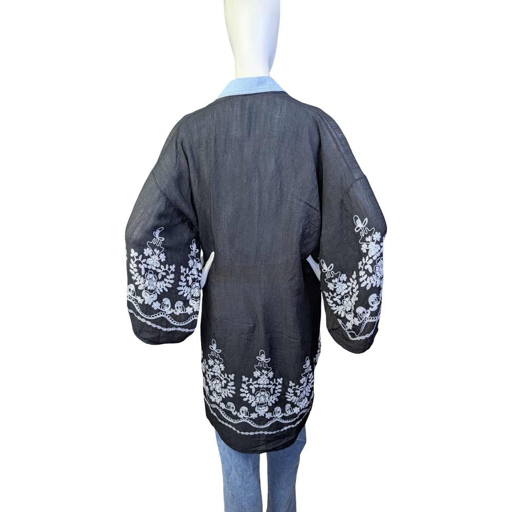 Sheer Black Embroidered Kimono Cardigan | Floral Stitch Detail | One Size - Picture 5 of 7